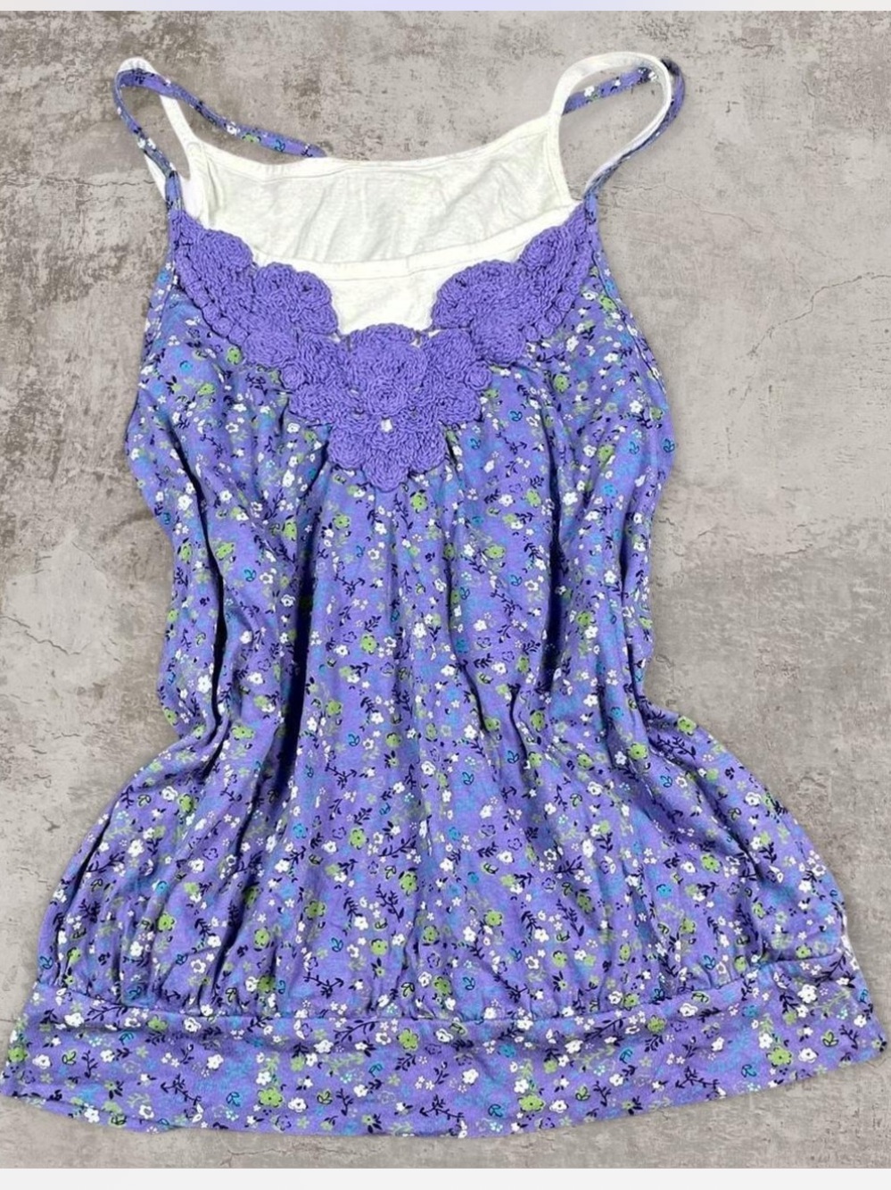 Vintage Y2K Lei Purple Floral Crochet Trim Babydoll Tank Top